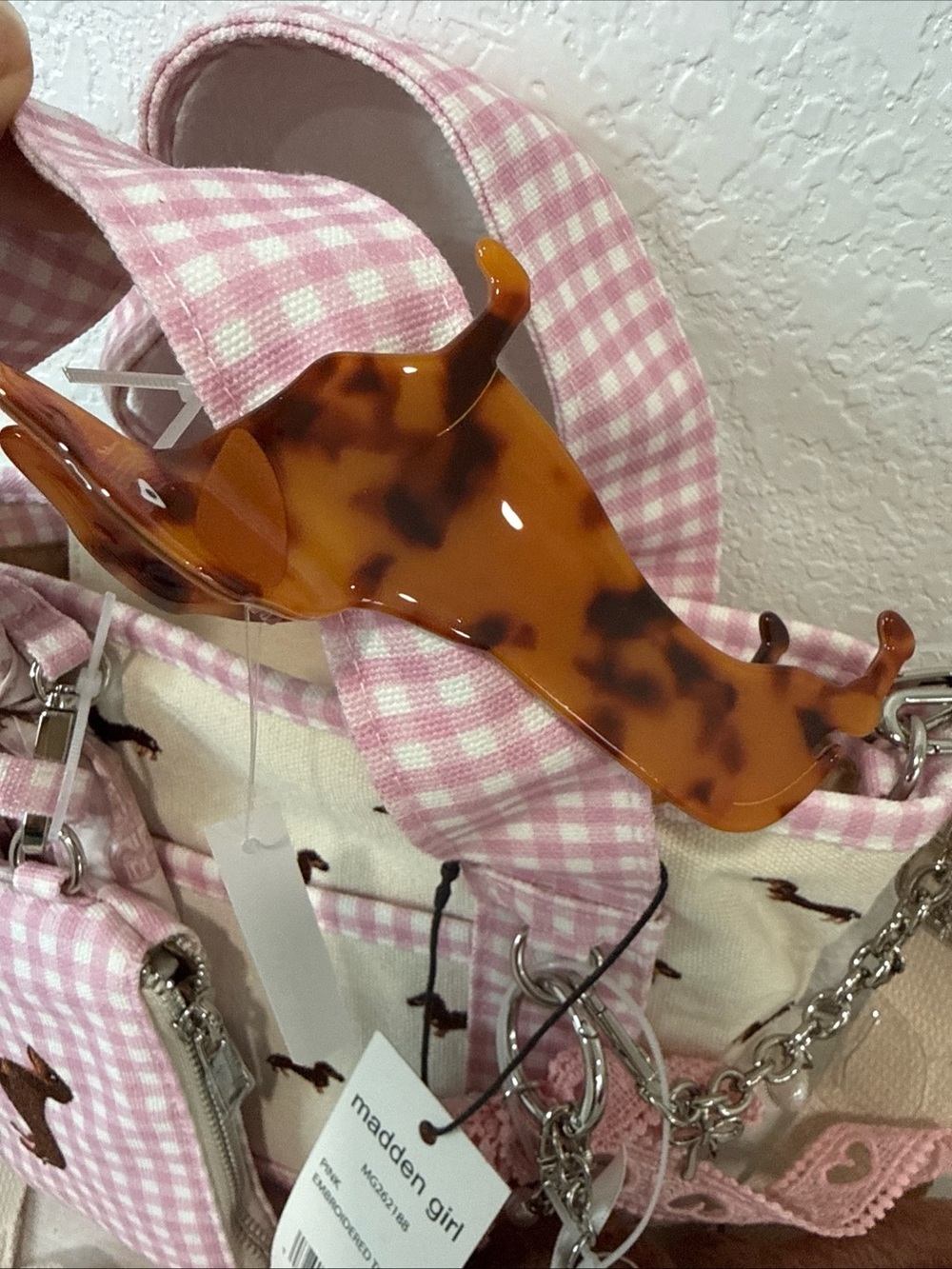 Madden Girl Dachshund Doxie Dog Pink Gingham Vidal Tote Bag CharmS NWT - Picture 6 of 14